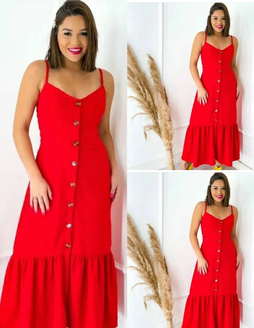 BRANDDS MODA FEMININA - Vestido Longo com Bojo Viscolinho. Tamanho: M. Cor: Vermelho