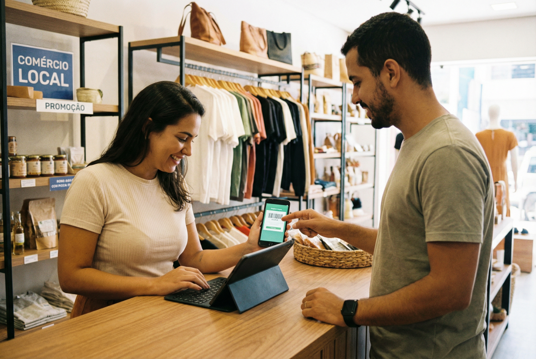 Cliente mostrando cupom no celular para vendedor em loja física