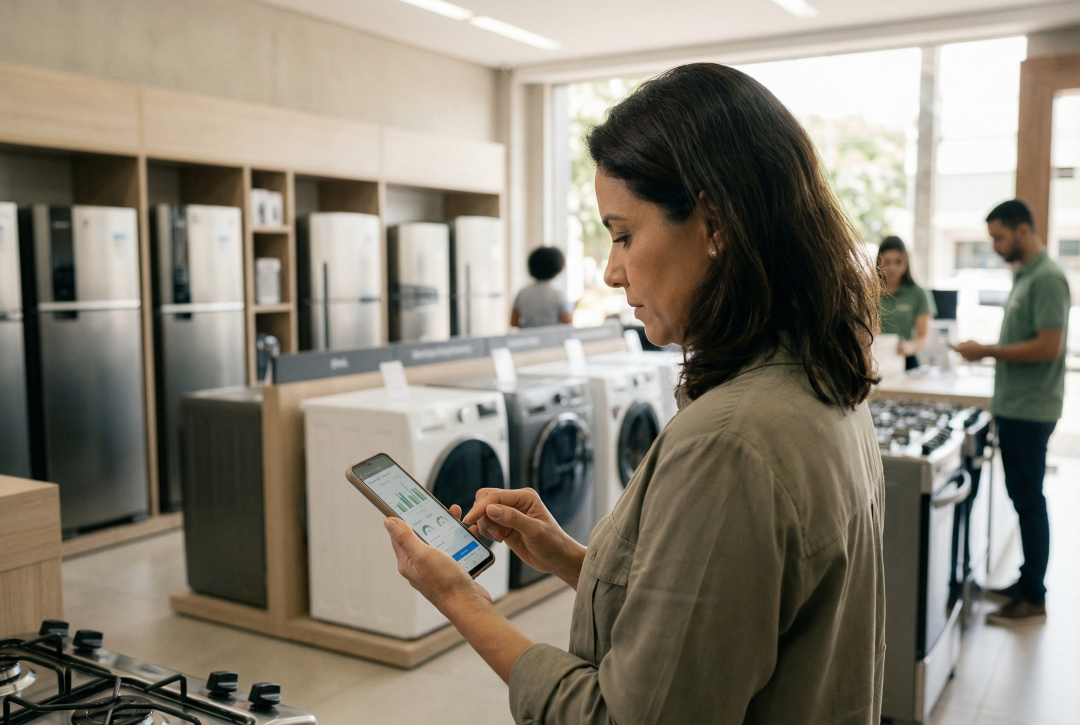 Consumidor pesquisando preços no celular dentro de loja física